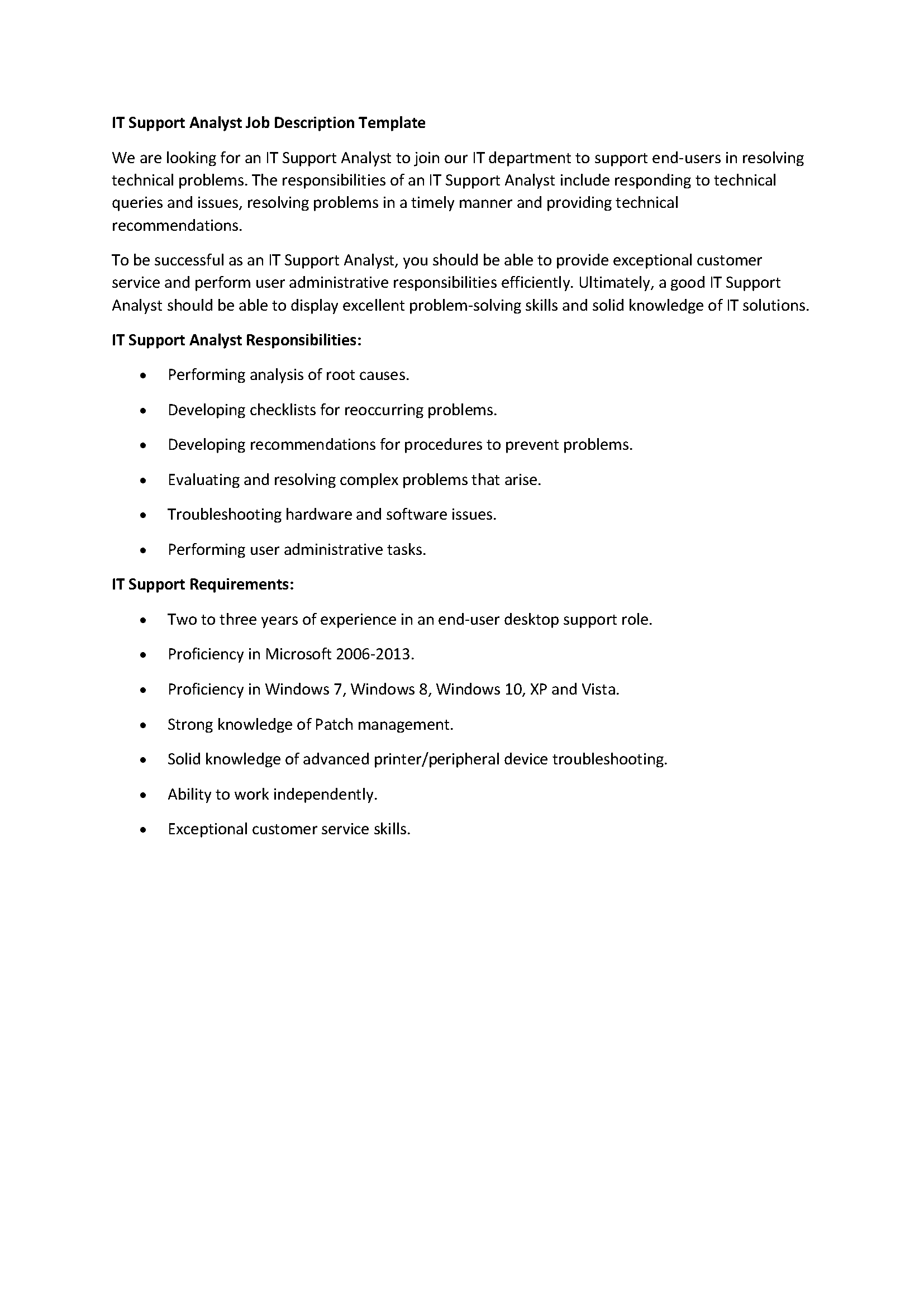 IT Support Analyst Job Description Template